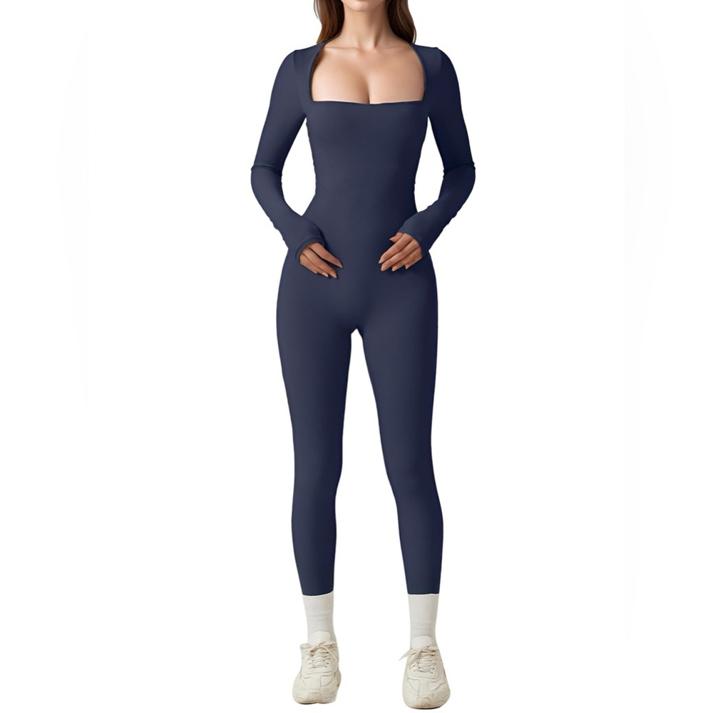 Quinsen Navy Blue Bodycon Jumpsuit – Long Sleeve, Square Neck, Sleek Fit
